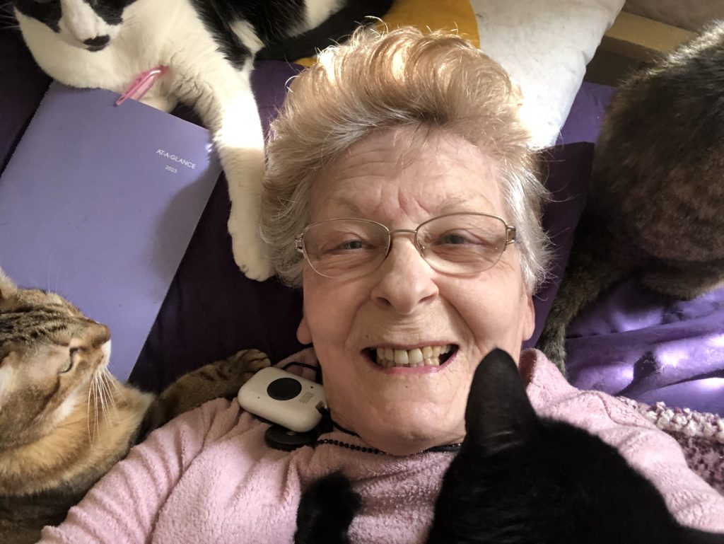 Me-surrounded by my cats! 
